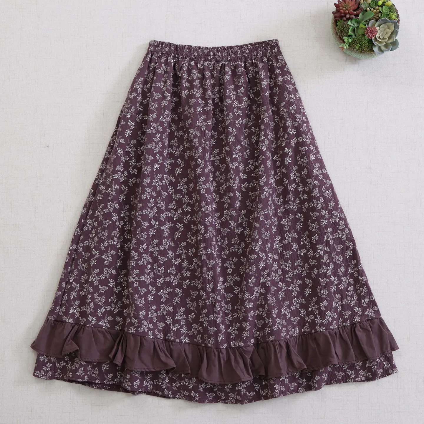 Japanese Mori Girl Vintage Floral Print Ruffles Cotton Skirts Women Autumn New Elastic Waist Casual Loose A-Line Midi Skirts