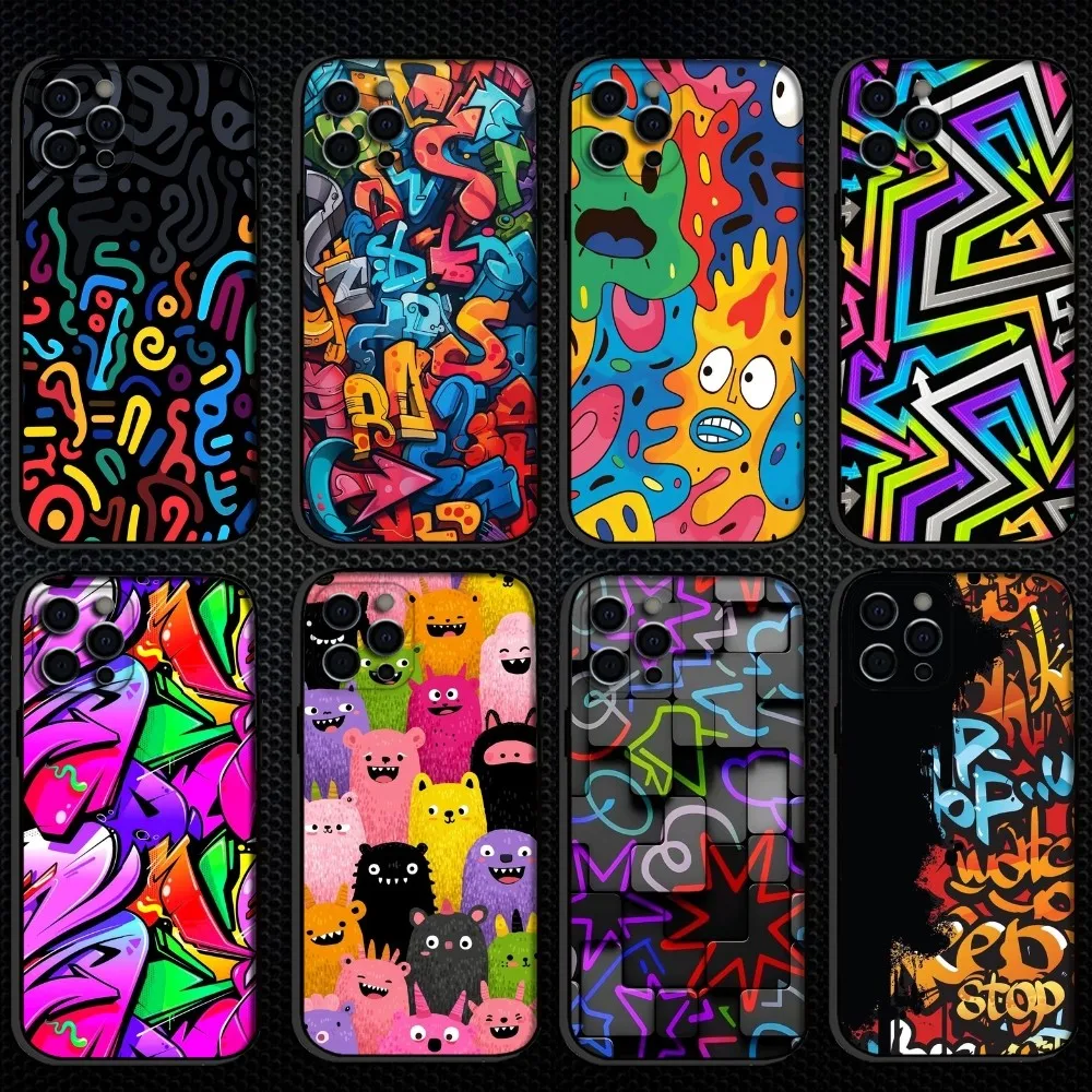 

Colorful graffiti Phone Case For iPhone 16,15,14,13,12,11 Plus,Pro Max, Soft Silicone Black Cover