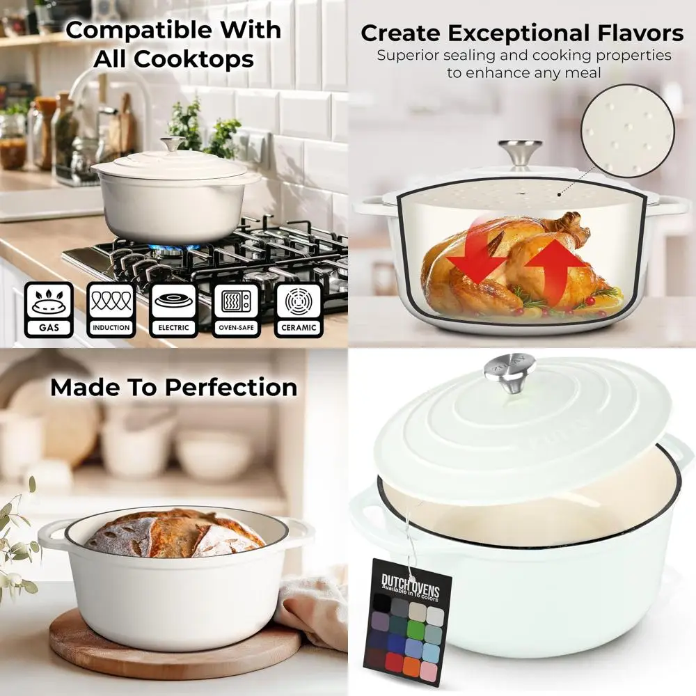 

Enameled Cast Iron Dutch Oven, 5 Quart, Oven Safe to 500°F, Ideal for Baking, Stews, Braising, Roasting, White