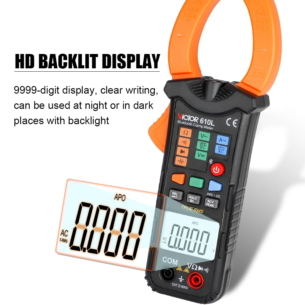 Victor 610L Bluetooth Intelligent Digital Clamp Meter 1000A AC Current Range 40MM Jaw Size 9999 Display Smart VFC NCV Tester
