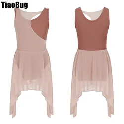 Kids Girls Chiffon Dance Dress Sleeveless Round Neckline Patchwork Dissymmetry Style Contrast Color Stylish Clothing