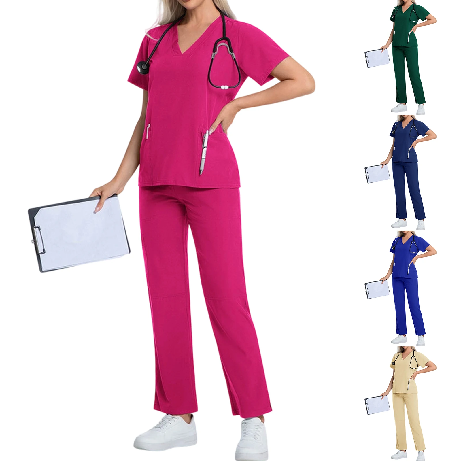 Vrouwen verpleegster scrubset V-hals korte mouw meerkleurige zak medisch uniform comfortabele gezondheidszorg professionele outfit