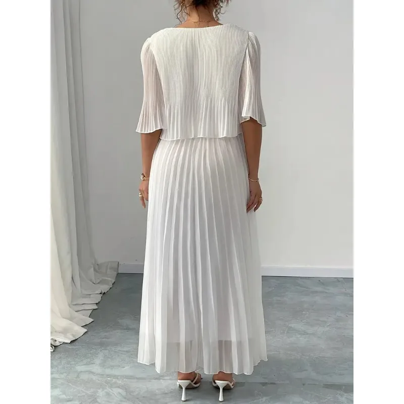 

A-shaped Skirt Round Neck Long-sleeved T-shirt Solid Color Women's Beach Style Suit