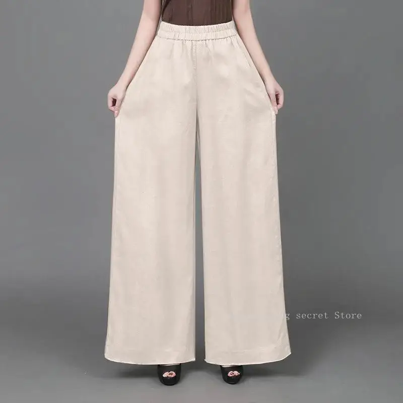 الكتان واسعة أرجل السراويل سراويل صيفية الإناث فضفاضة القطن المرأة السراويل اللف عالية الخصر الترفيه مستقيم بنطلون