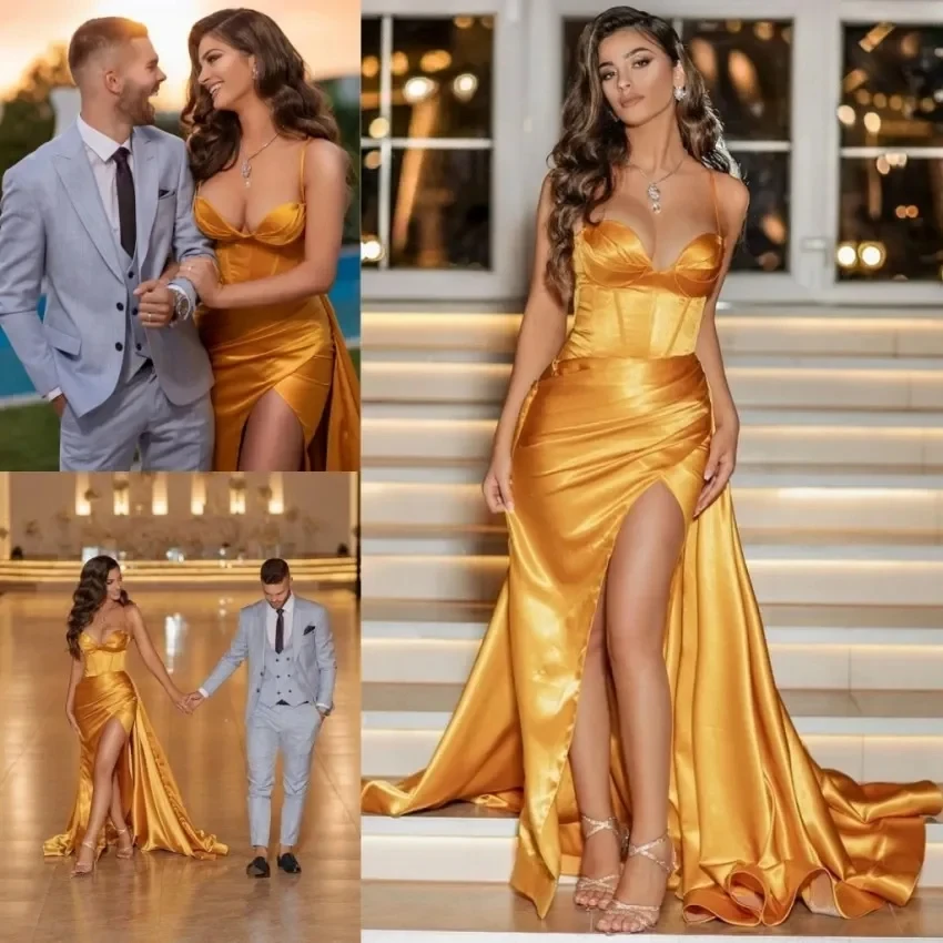 

Romantic Gold Sweetheart Mermaid Ball Dress Italian strap Wrap Hip with Side Split Skirt Cocktail Party Porm Evening Dress