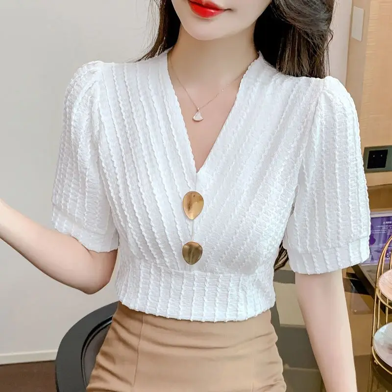 Lace Women\'s 2024 Summer V-neck T-Shirts Patchwork Fashion Solid Button Screw Thread Slim Fit Elegant Casual Short Sleeved Tops