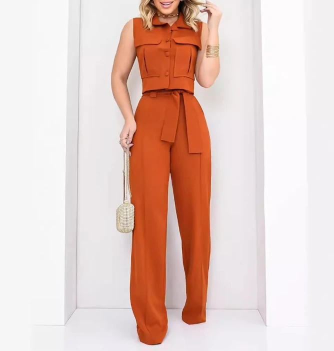 Two Piece Set Women Outfit 2024 Summer Buttoned Turn-Down Collar Vest Top & Casual Tied Detail Daily Straight Leg Pants Set