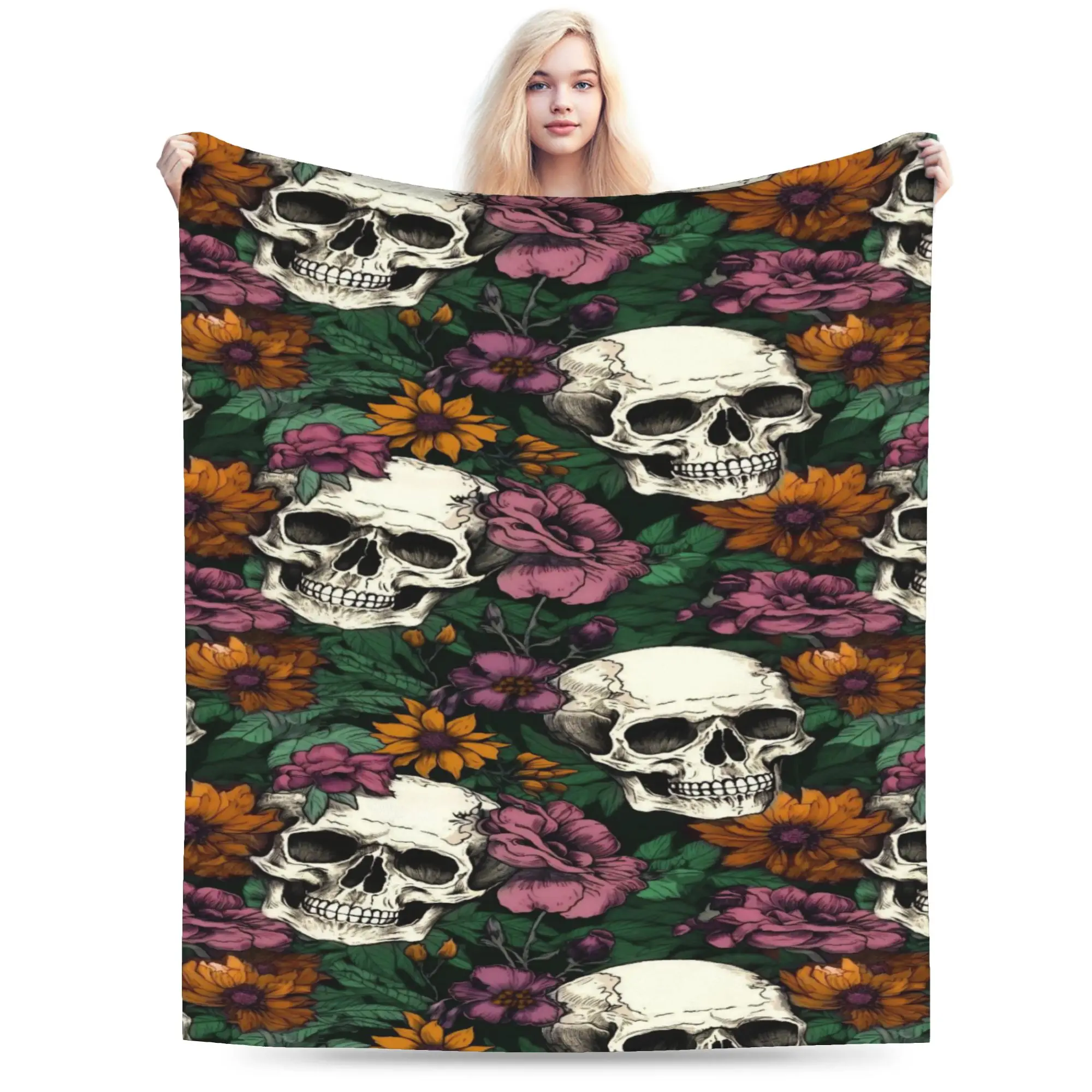 New Arrival Halloween Skulls And Flowers Gothic Goth Blanket Lightweight Thin Flannel  Relax Throw Blankets Machine Washable