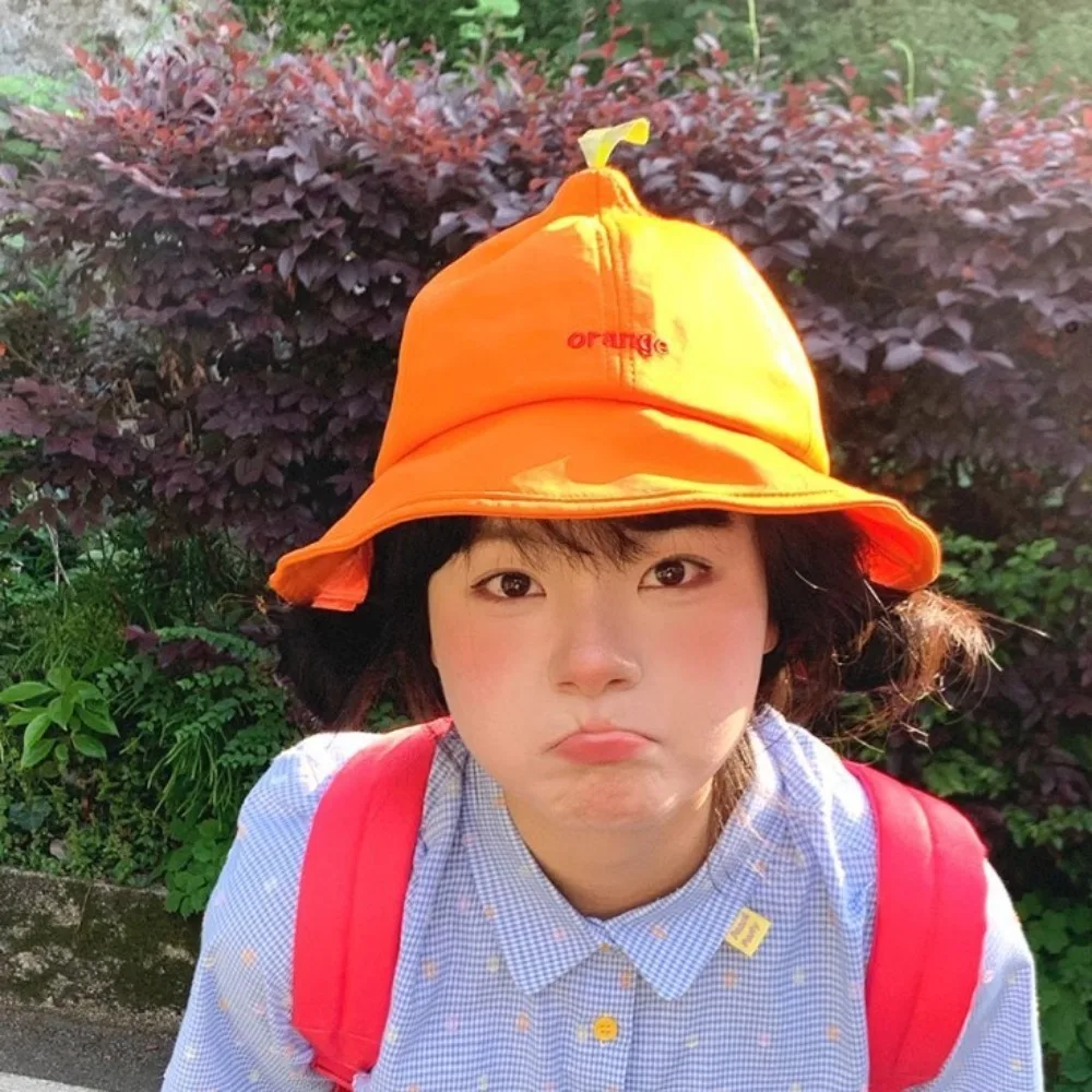 

Quick-dry Orange Fisherman Hat Cotton UV Protection Creative Orange Bucket Cap Cool Big Brim Embroidered Letter Sun Hat