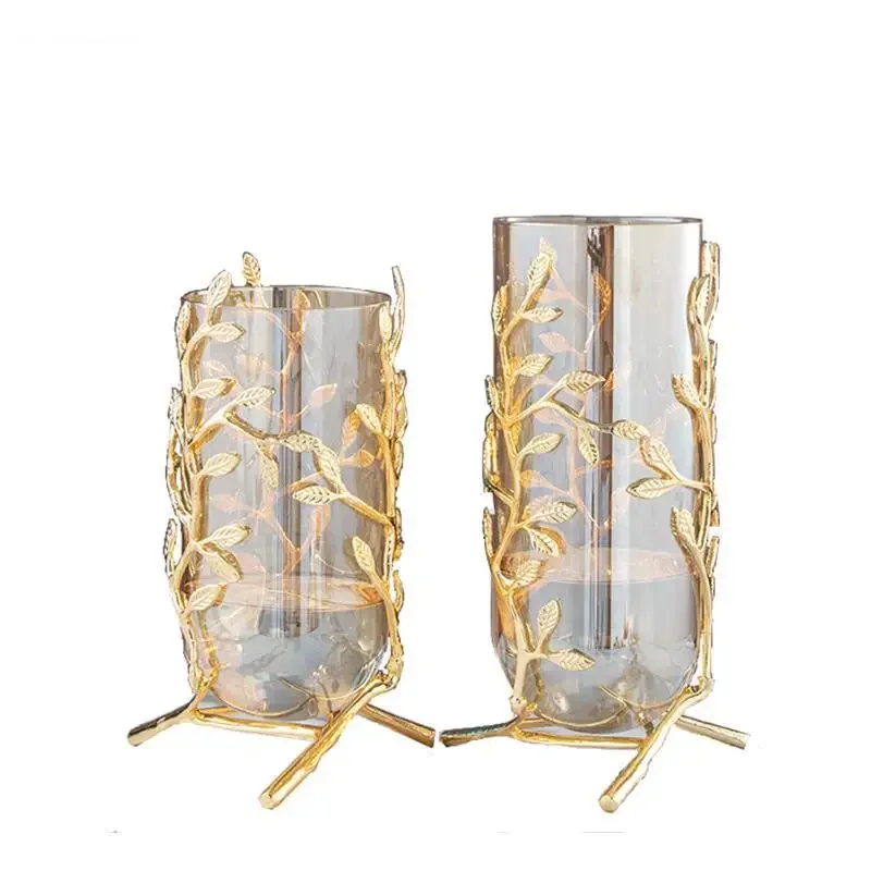 Glass Vase Hollow Gold Metal Frame Branches Rattan Transparent Flower Arrangement Hydroponics Home Decoration