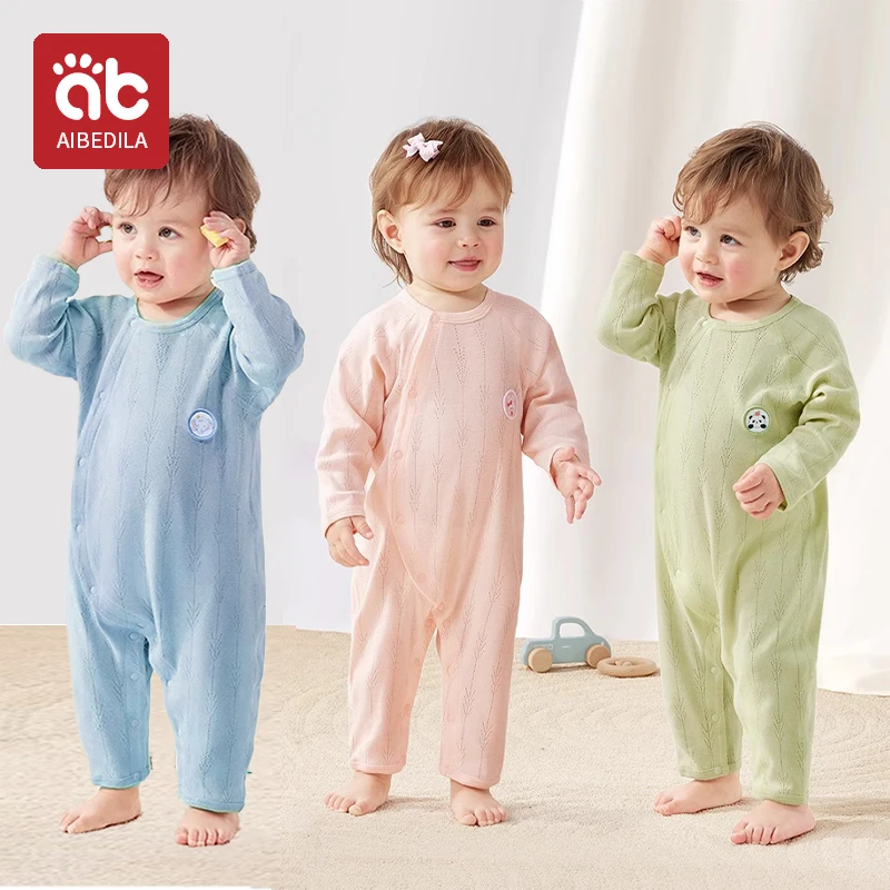Aibedila Sommer Baby Overall Baumwolle Langarm Folio Kletter kleidung Jungen Mädchen Pyjama Baby Stram pler Kinder lose Overalls