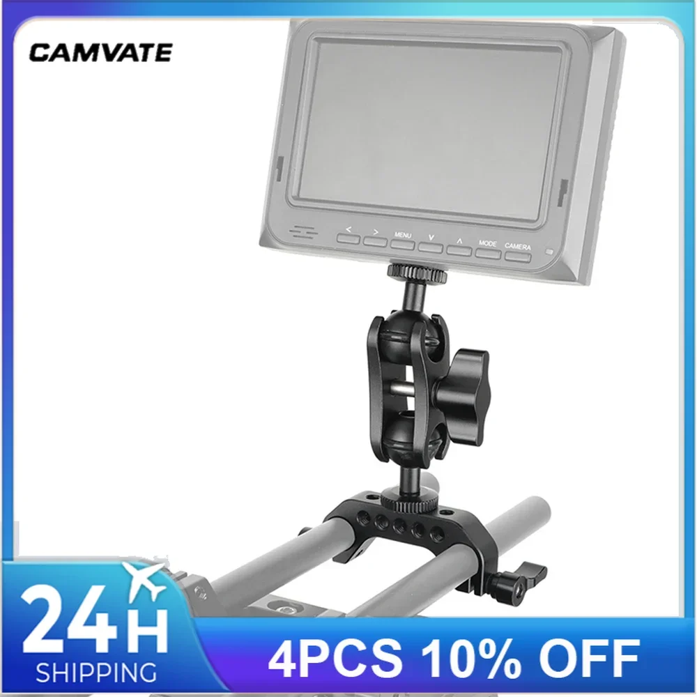 CAMVATE-abrazadera de doble varilla de 15mm, adaptador de brazo mágico de cabeza esférica ajustable de 1/4 "-20, para montaje de Monitor/LED/linterna/luz de vídeo