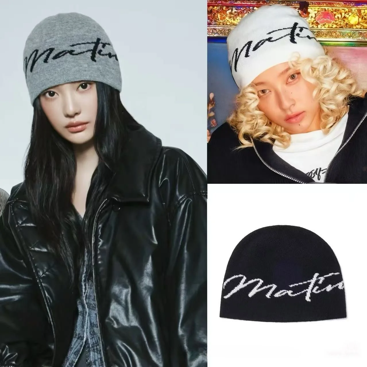 

Ning Art Note Autumn Winter Knitted Woolen Hat Letter Embroidery Street Sle Long Sve round Ne Zipper Pure Color Hat