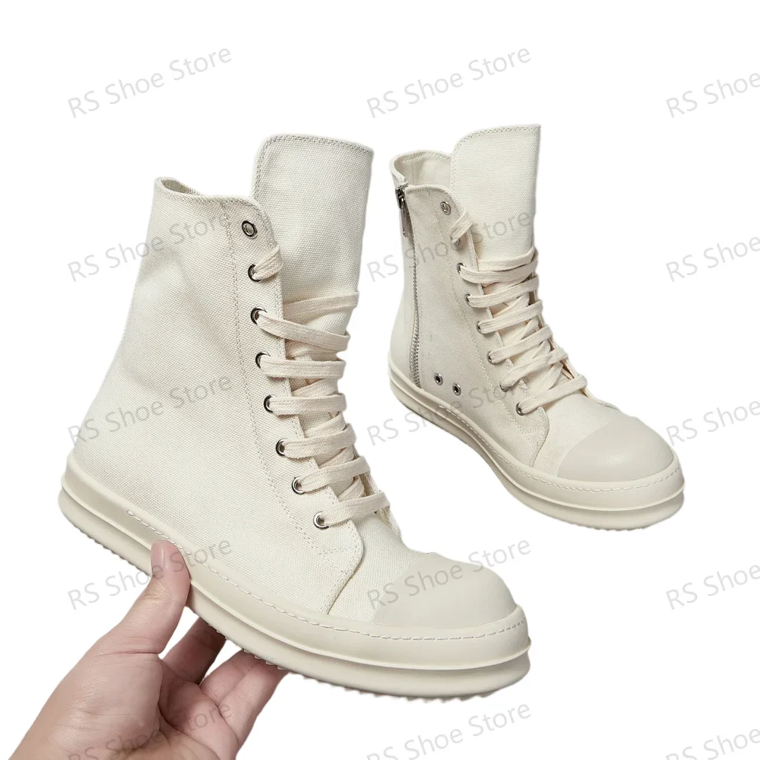 

Ro Luxury Beige Canvas High Top Shoe Classic Design Shoes Men Sneaker Boot Zipper Luxury Women Ankle Boots Casual Sneakers
