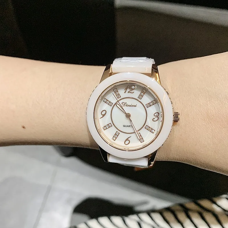 New Korean Version White Ceramic Watch with Diamond Inlaid Quartz Waterproof Top Brand Luxury Women\'s Watch Relogio Feminino