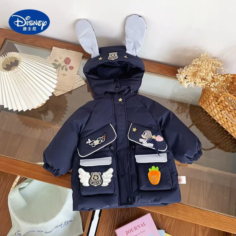 

Disney Girls' 2025 Winter Down Jacket | Navy Blue Hooded Coat with Cartoon Bunny Print, Warm Puffer for Children