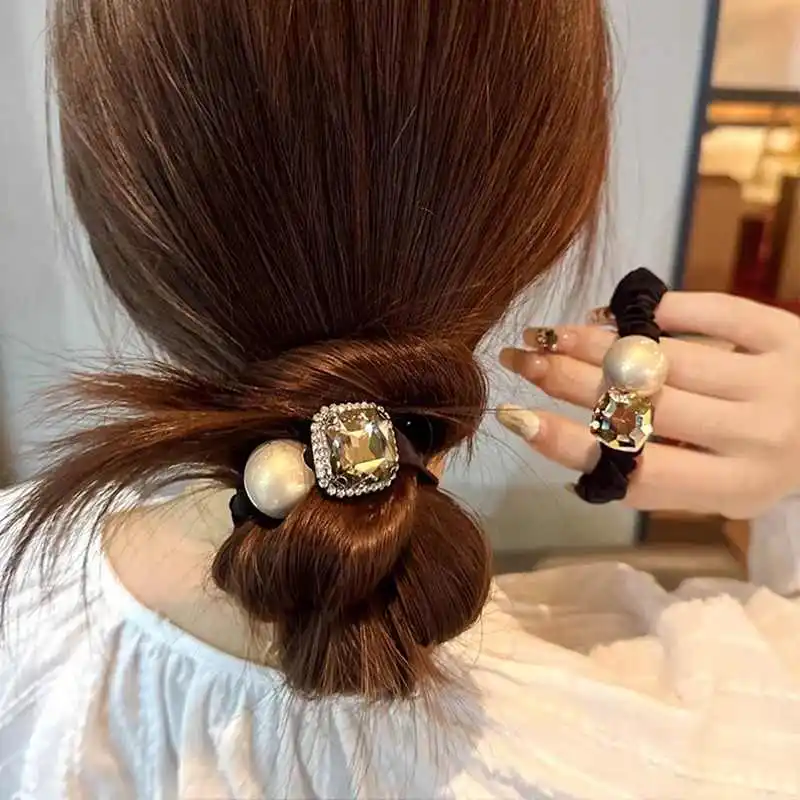 2Pcs Simple Fashion Imitation Pearl Hair Rope Women's Elegant Square Sparkling Synthetic Diamond Bun Hairstyle Elasticity Band H