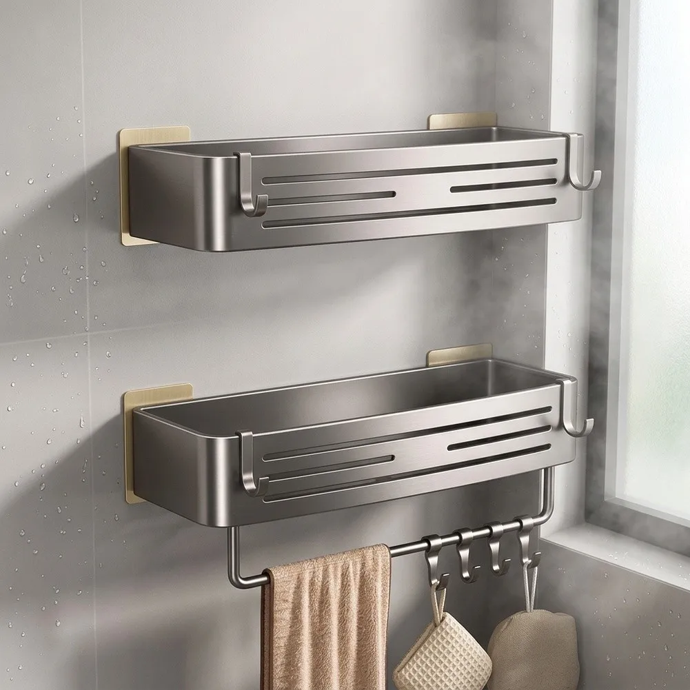 Rustproof No Drill Bathroom Shelf Aluminum Alloy Wall Mounted Organizer with Towel Bar and 4 Movable Hooks 32.5x12.5x6.5cm