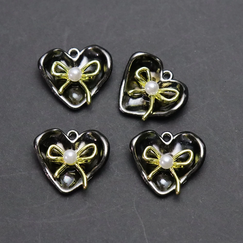 4pcs Black Heart Charms with Bow & Pearl, Two Tone Love Heart Pendants, DIY Jewelry Making Supplies for Necklace Bracelet