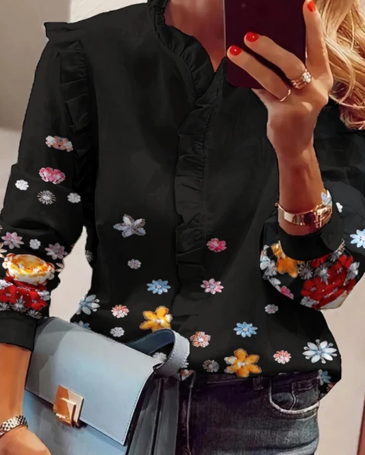 Elegant Women's Blouses Autumn Fashion Ruffle Patch Printed Shirt O-Neck Long Sleeve Slimming Top Office Commuter Women's Shirts