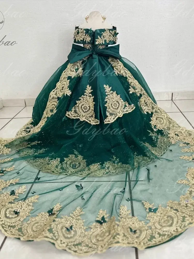 ロイヤルブルーフラワーガールドレス結婚式用弓ゴールデンアップリケ子供の誕生日パーティードレスエレガントな子供ガウンカスタマイズ