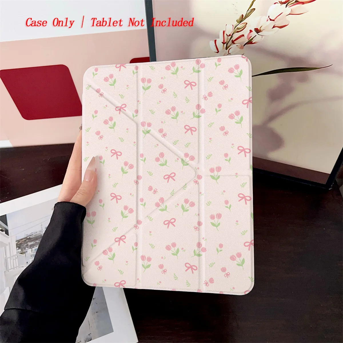 

Elegant Y-Fold Acrylic Pastel Pink Flowers & Pink Bows Print iPad Case For Apple iPad Pro/Air/Mini Slim Anti-Scratch Cover