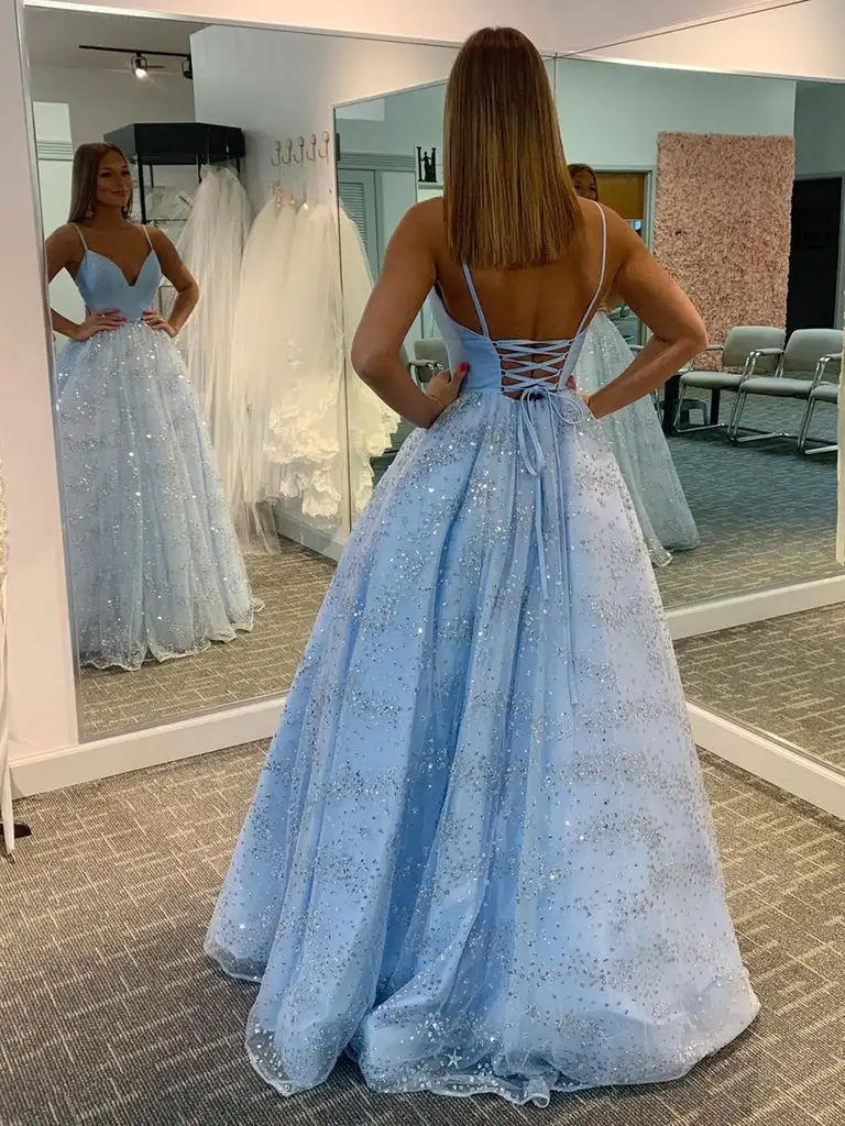 Simple Blue Evening Dress 2022 Heart Neck Double Strap Backless A Swing Tufted Long Prom Dress