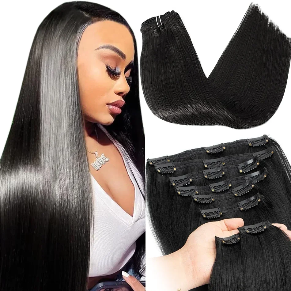 Maxhair-Extensão de cabelo reto com clipe para mulheres, cabelo humano, cabeça cheia, brasileiro, cor 1B, 100g por conjunto