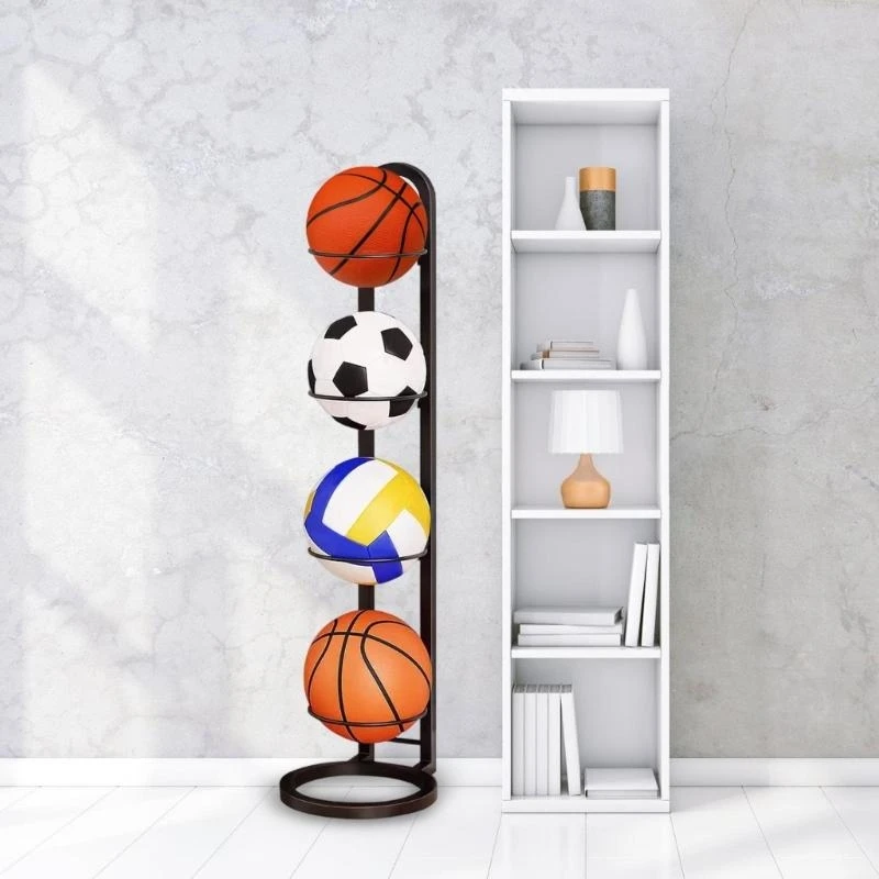  Space Saving Football Rack Stand 4 Tiered Adjustable Cube Vertical Shelf for Basketball Soccer Volleyball Organizers