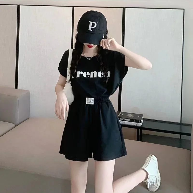 

Women's Suit 2025 Summer New Korean Backless T-Shirt Loose Fashion Crop Top and Shorts Outfits for Women Matching Two Piece Sets