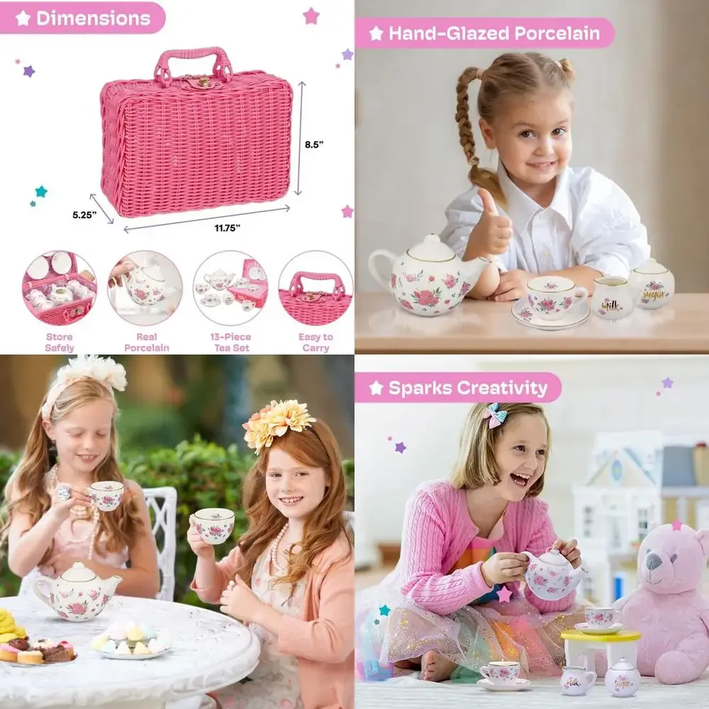 

Porcelain Tea Set for Girls - Pink Ceramic Tea Cups with Pink Box - Glass Toy for Kids Party - Ideal Gift for Toddlers and Child
