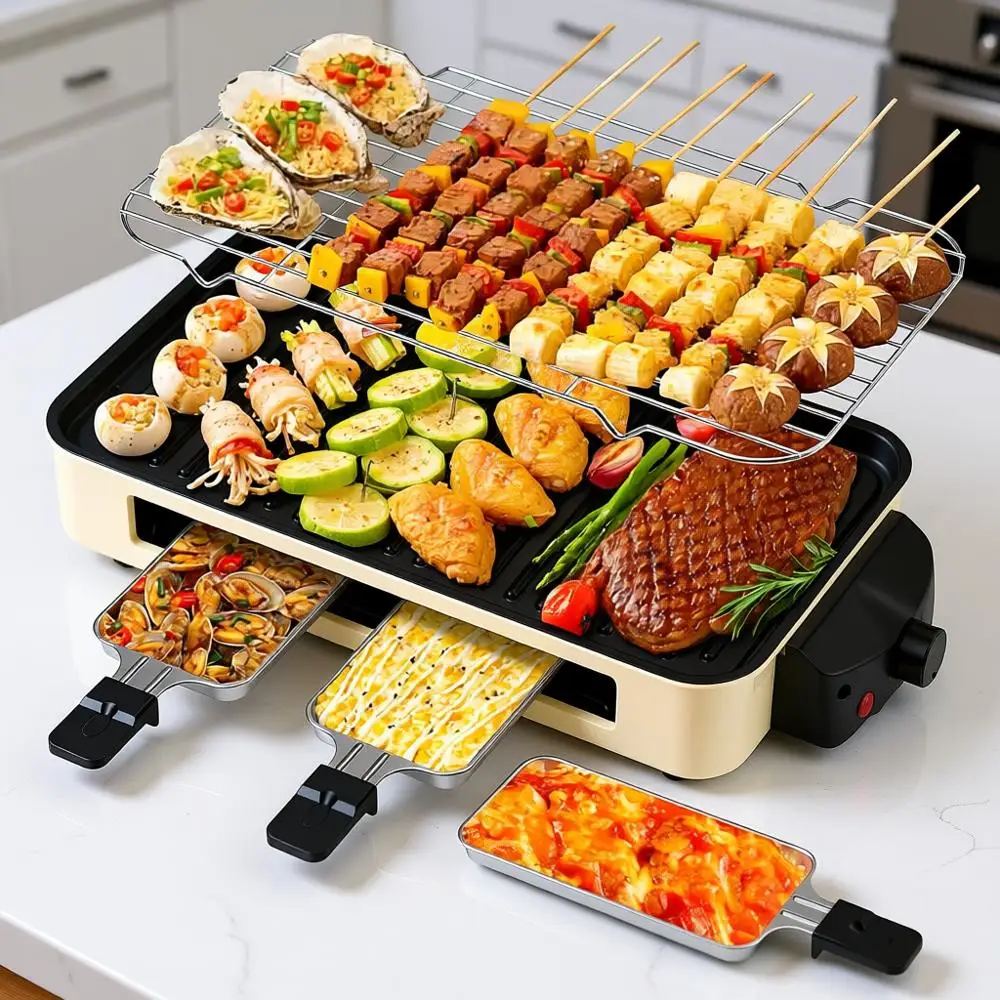 

1500W 2-in-1 Indoor Grill with Non-stick Removable Grill & Griddle Plate, Temperature Control Korean BBQ Grill with 3 Cheese Pan