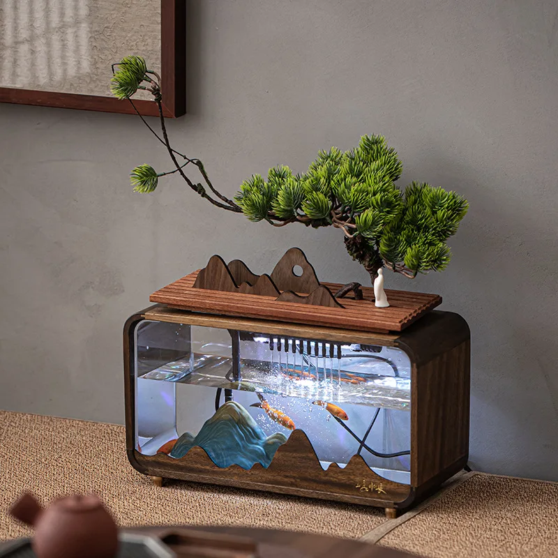 

Black Walnut Creative Fish Tank Water Fountain Water Curtain Tabletop Ornaments TV Cabinet Water Feature Bonsai Home Decor