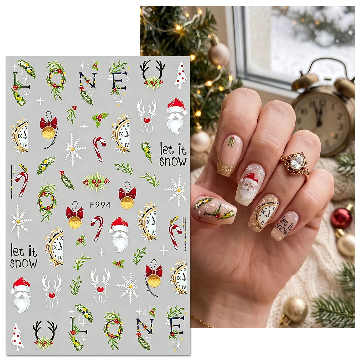 4/6PCS 3D Vintage Gold Oil Painting Christmas Nail Stickers, Winter Snowman Clock Santa Letter Nail Decals, DIY Nail Supplies