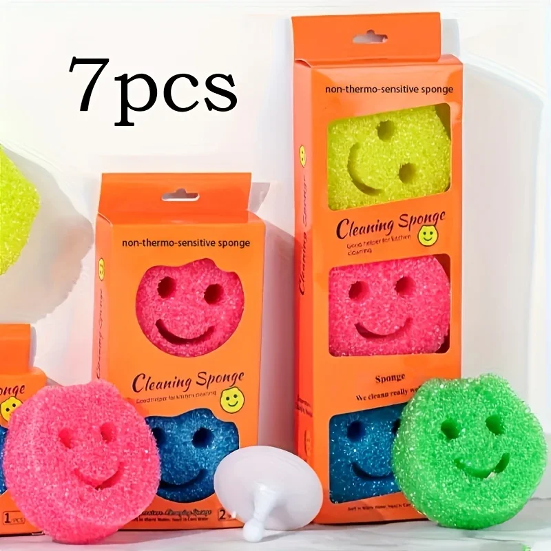 Smiling face sponge, loofah sponge, scouring pad, dishwashing sponge, kitchen cleaning, honeycomb sponge block（Random Color）