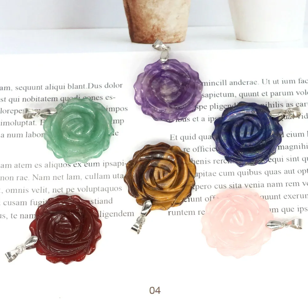 25mm Rose Flower Shape Pendant Natural Stone Crystal Amethyst Healing Necklace Carved Jewelry Charm Accessory Valentine Gifts