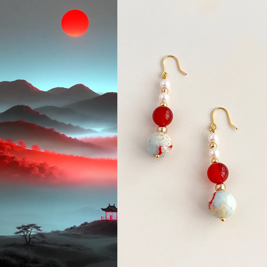 Handmade Chinese-Style Shoushan Stone & Agate Earrings Retro Artistic Elegant Temperament Women's Ear Hooks Jewelry