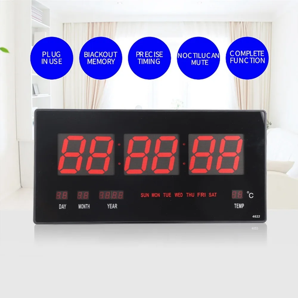 Black Digital Wall Clock LED Screen Temperature Display LED Wall Clock US/EU Plug In Use Electronic LED Clock Office Use