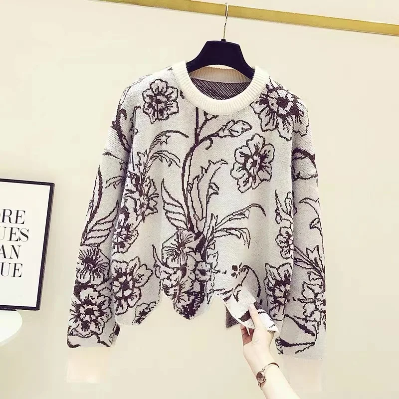 

Miiiix 2024 Autumn/Winter New Retro Flower Wave Edge Knitted Korean Irregular Hem Versatile Loose Sweater Female Clothing