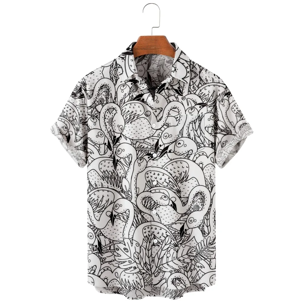 2022 new men's casual breathable short sleeve top fashion Lapel men's shirt Hawaii with beach Ink painting crane