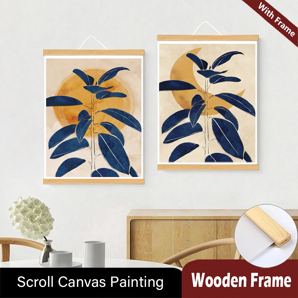 Nordic Style Blue Leaf Plant Canvas Wall Art Scroll Hanging Painting with Wooden Frame for Cafe Studio Living Room Bedroom