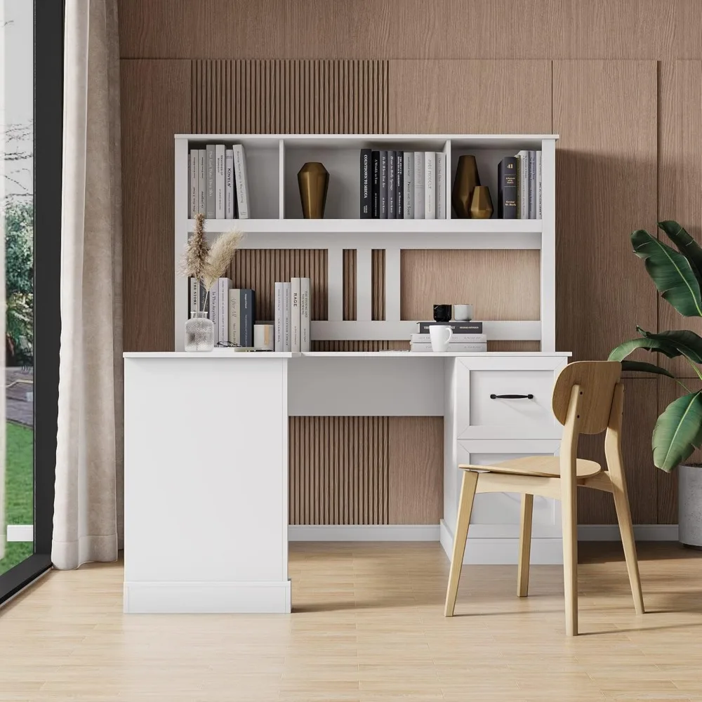 

Home Office Computer Desk with Hutch, Writing Workstation Writing Study Desk with 2-Tier Open Shelves & 2 Large Drawers for Stud