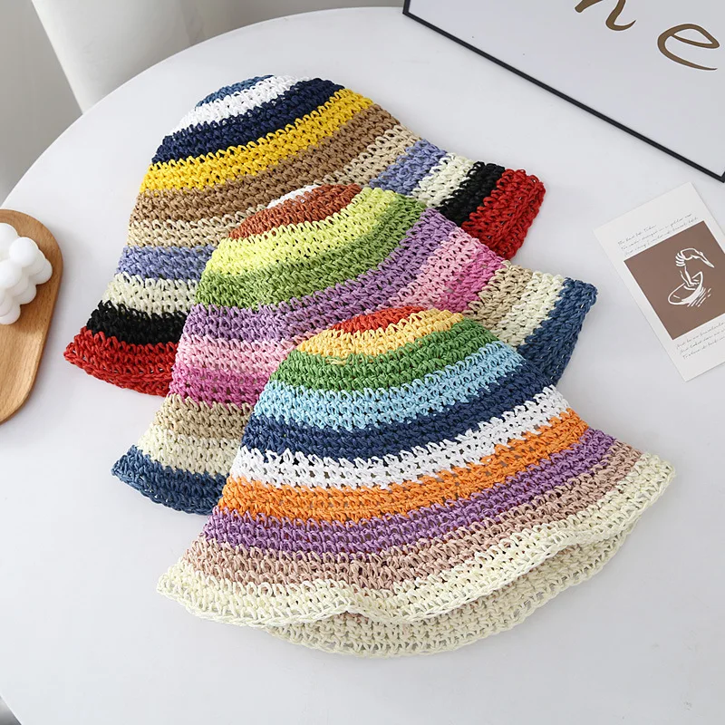 New Popular Summer Beach Bucket Hat Cap For Women Crochet Straw Rainbow Spring Fish Hat Outdoor Female Lady Gift Wholesales