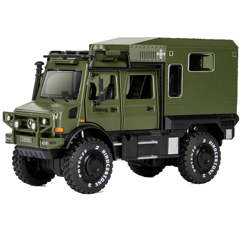 New 1:32 Diecast Alloy Model Car Military Vehicle Unimog Motorhome Miniature Off-Road RV Metal for Children Gifts Christmas Toys