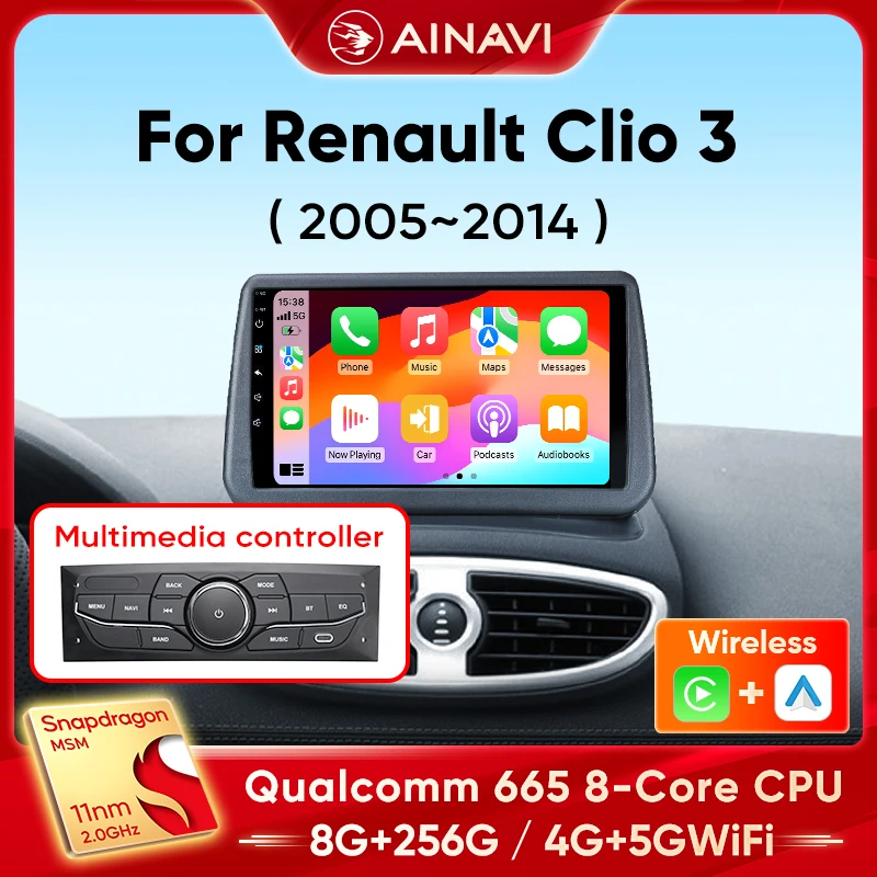 

Ainavi Car Radio For Renault Clio 3 2005-2014 Wireless CarPlay Android Auto 4G Multimedia Player Navigation GPS 2din Autoradio