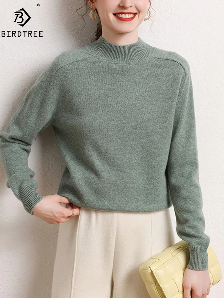 

BirdTree,35% Cashmere 65%Wool Elegant Sweater, Women Mock Neck Long Sleeve, Basics Casual Knit Sweater, Autumn Winter T48148QM