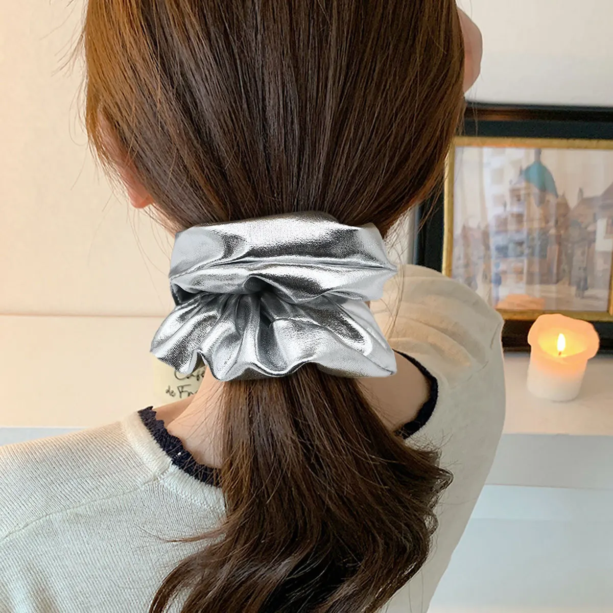 

Elegant Silver Hair Scrunchies for Daily Use Strong Elastic Ponytail Holder Korean Style New