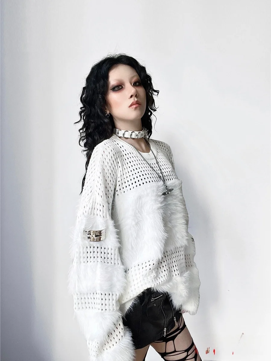 

Длинный вязаный свитер в стиле панк Sle Heavy Work, уличный модный круглый свободный крой, осенне-зимний женский свитер