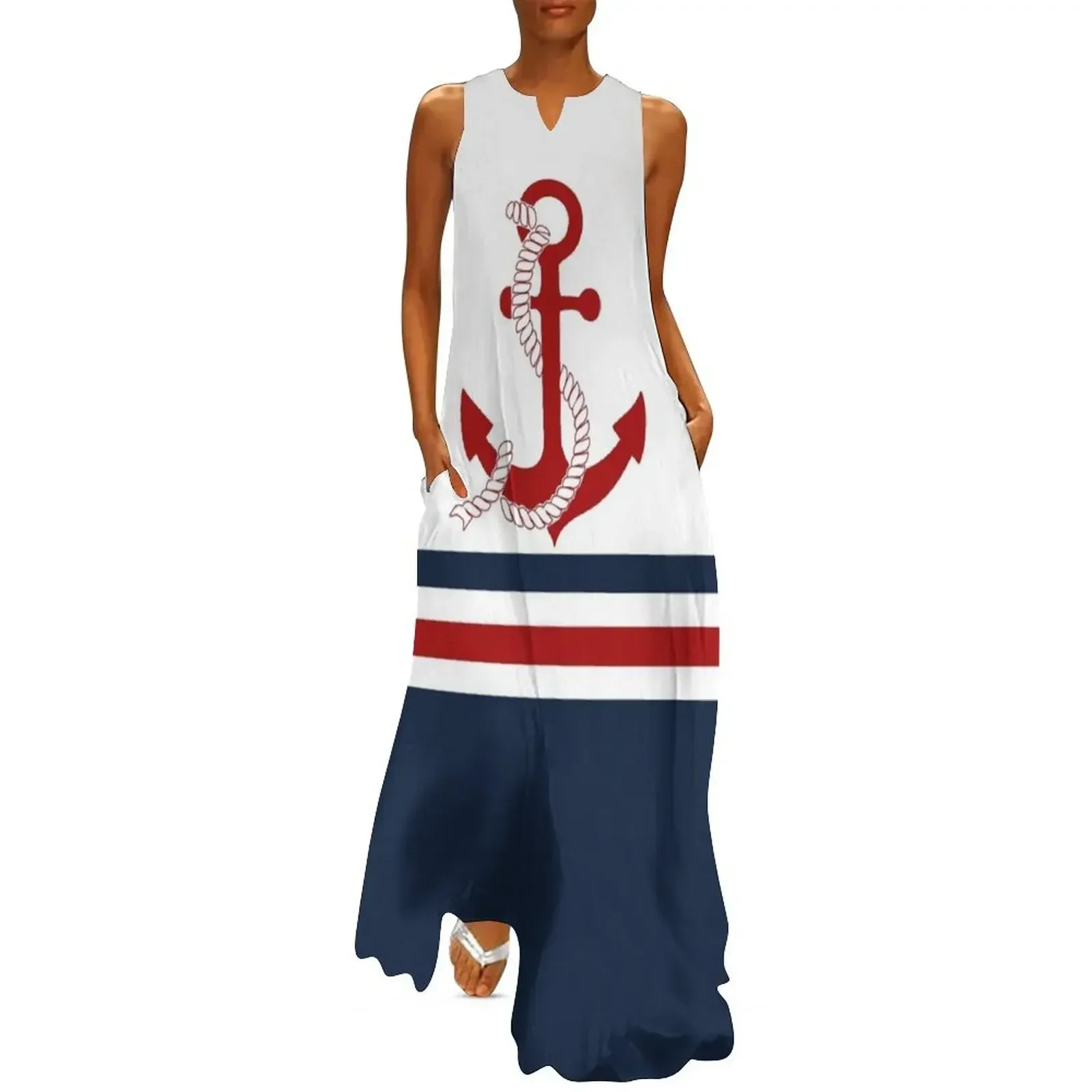 

Nautical navy blue and white stripes with a red anchor Long Dress summer dress women 2025 women party dresses Dress