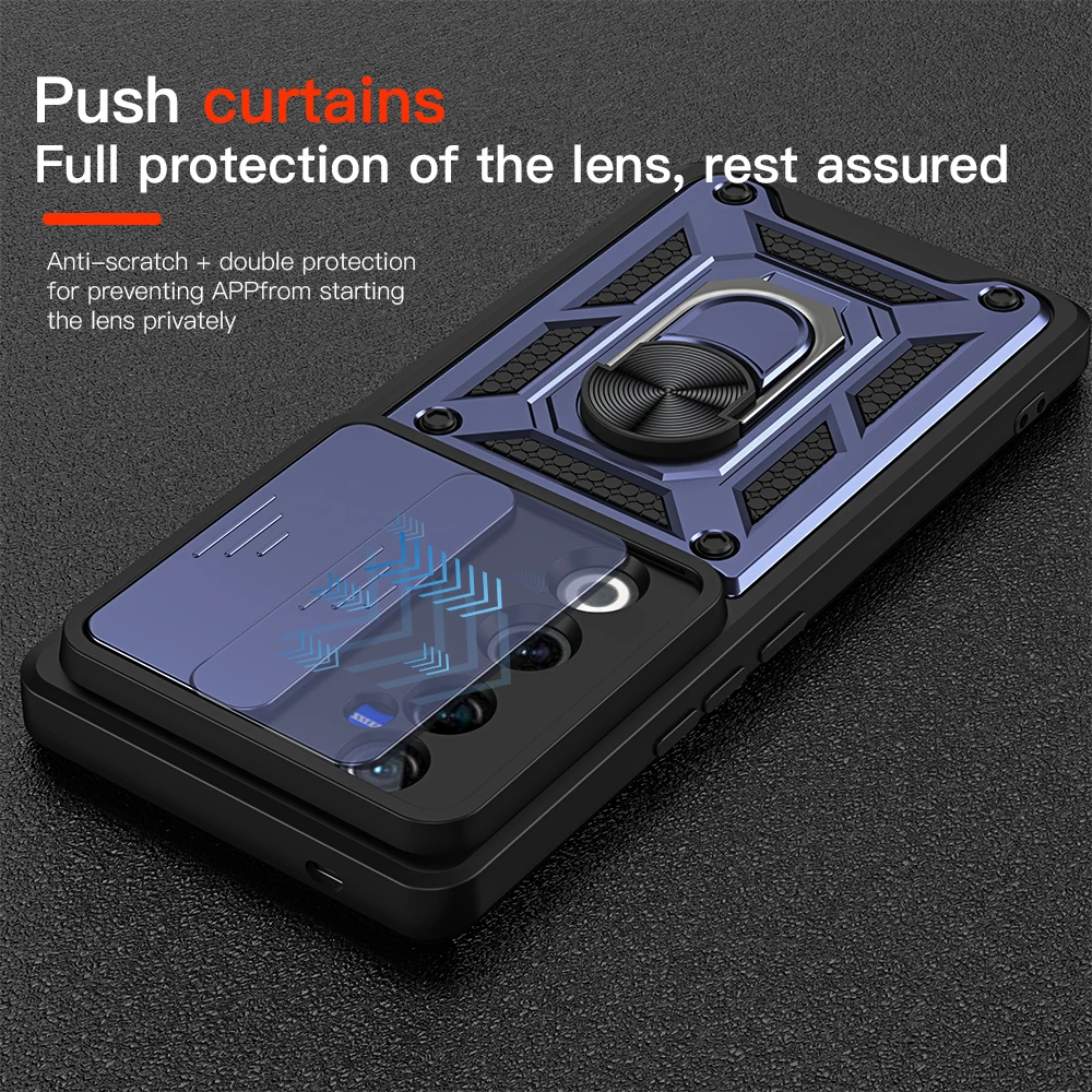 KEYSION Shockproof Armor Case for VIVO V40 5G V40 Pro 5G Slide Camera Protection Ring Stand Phone Back Cover for VIVO V40 Pro 5G